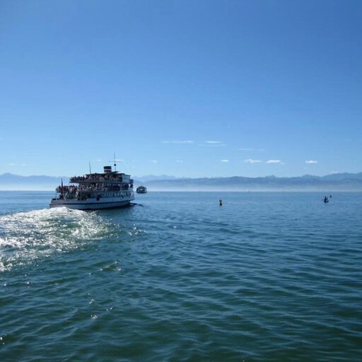 Bei einem nahezu wolkenlosen Himmel fährt eine Personenfähre von Friedrichshafen Richtung Romanshorn in der Schweiz. Das Wasser ist ebenso wie der Himmel strahlend blau. Die vollbesetzte Fähre zieht eine Spur hellen Kielwassers hinter sich her. Zu sehen sind noch die Autofähre, ein Kajak sowie Bojen, und in der Ferne ein Segelschiff. In diesem Bild steckt, je nach Betonung, die Doppeldeutigkeit von »übersetzen«.